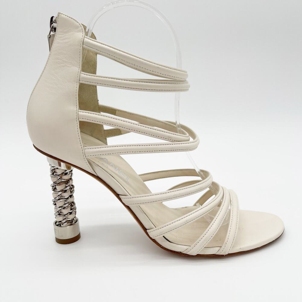 Chanel Ivory Leather Caged Coco Tower Chain Link Heel Ankle Zip Sandals EU 39 - Picture 3 of 12